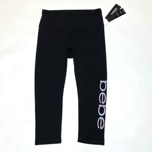 NEW Bebe Sport Women's Capri Leggings Size Medium Black Tie Dye Logo NWT
